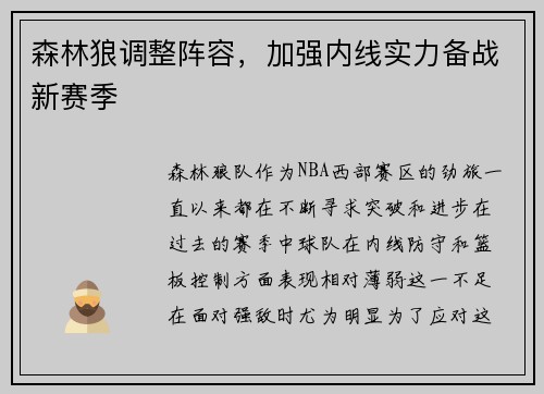 森林狼调整阵容，加强内线实力备战新赛季